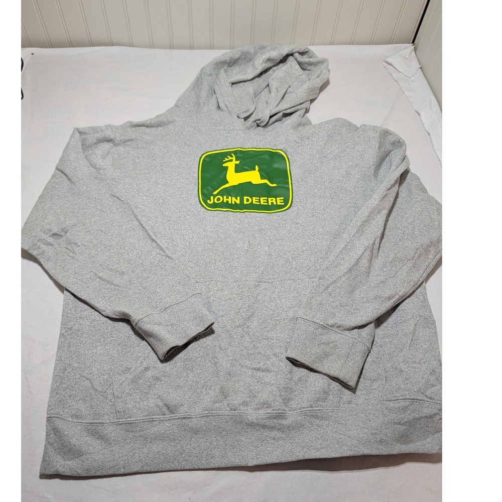 John Deere Mens Heather Gray Logo Pullover Hoodie Sweatshirt Large RN 70242